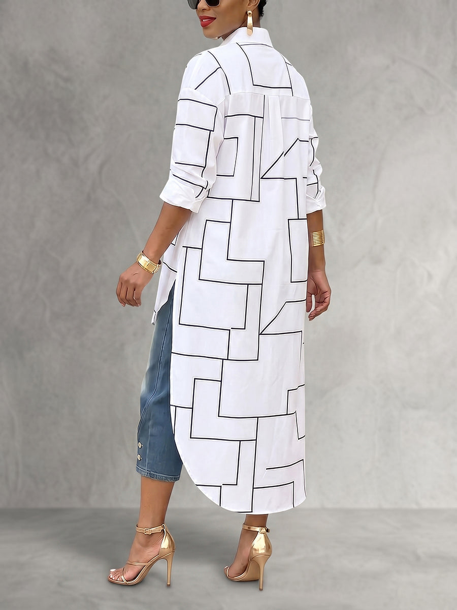 High-Low Long Sleeves Line Printed Solid Color Lapel Blouses&Shirts Tops