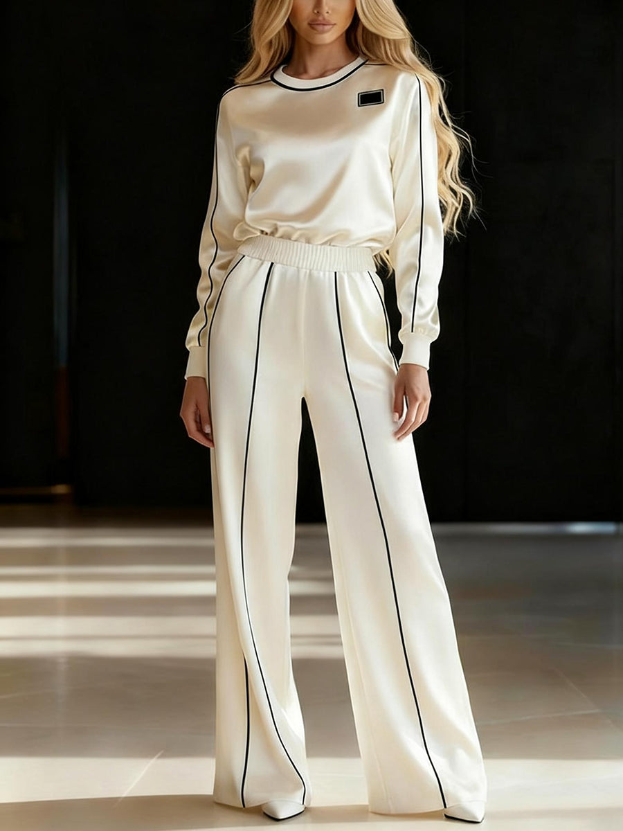 Elasticated Waist High Waisted Contrast Color Line Split-Joint Pants
