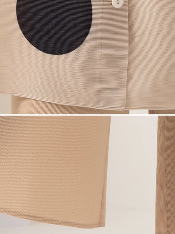 Long Sleeves Loose Pleated Polka Dot Stand Collar Top + Pants Bottomtwo Pieces Set