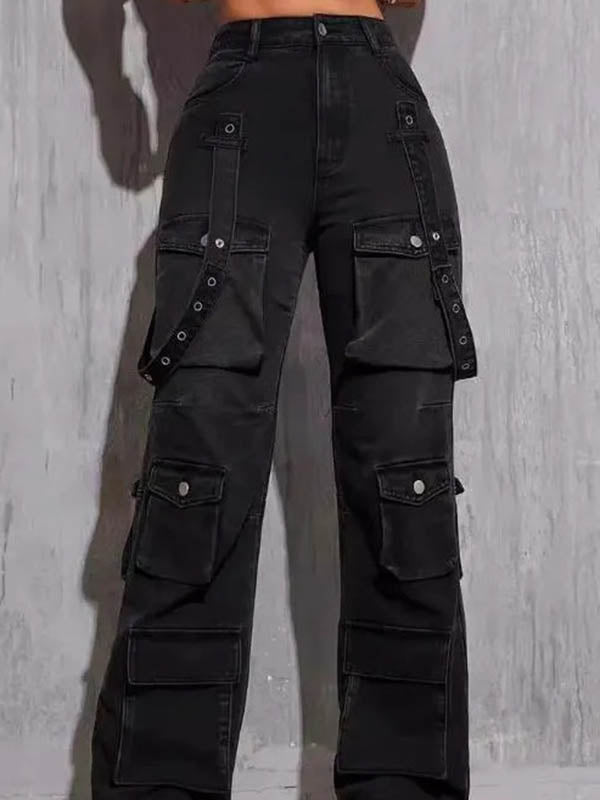 Pantalon en jean taille haute avec poches boutonnées et couleur unie