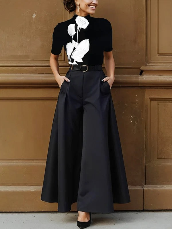 Short Sleeves Skinny Flower Print Stand Collar T-Shirts Tops