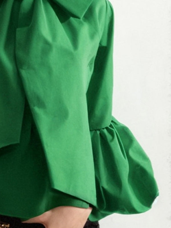 Loose Puff Sleeves Bowknot Solid Color Split-Joint Stand Collar Blouses&Shirts Tops