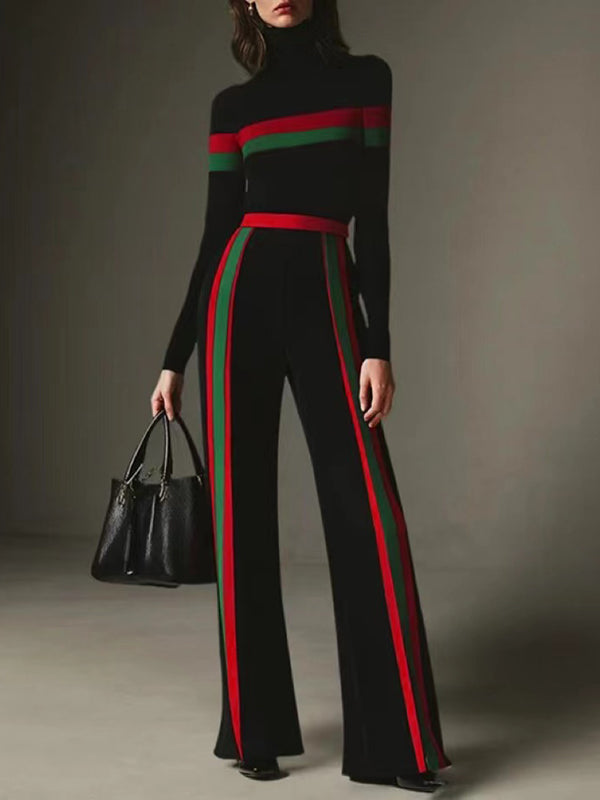 Long Sleeves Skinny Split-Joint Striped High Neck T-Shirts Tops