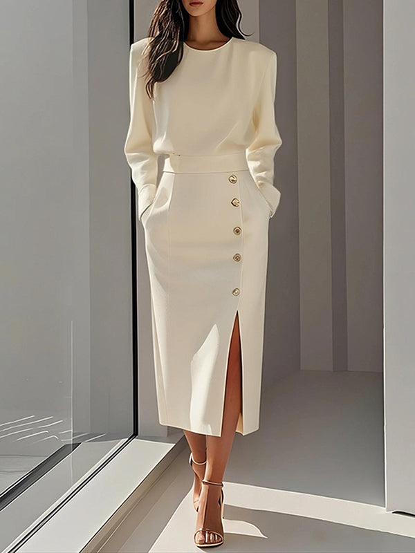 Long Sleeves Solid Color Split-Joint Round-Neck Blouses&Shirts Tops