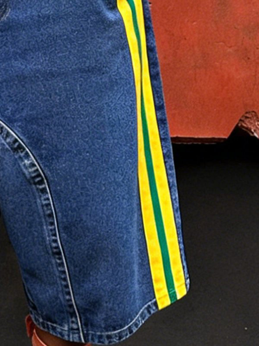 High Waisted Wide Leg Pockets Split-Joint Striped Jean Pants Bottoms Shorts Bottoms