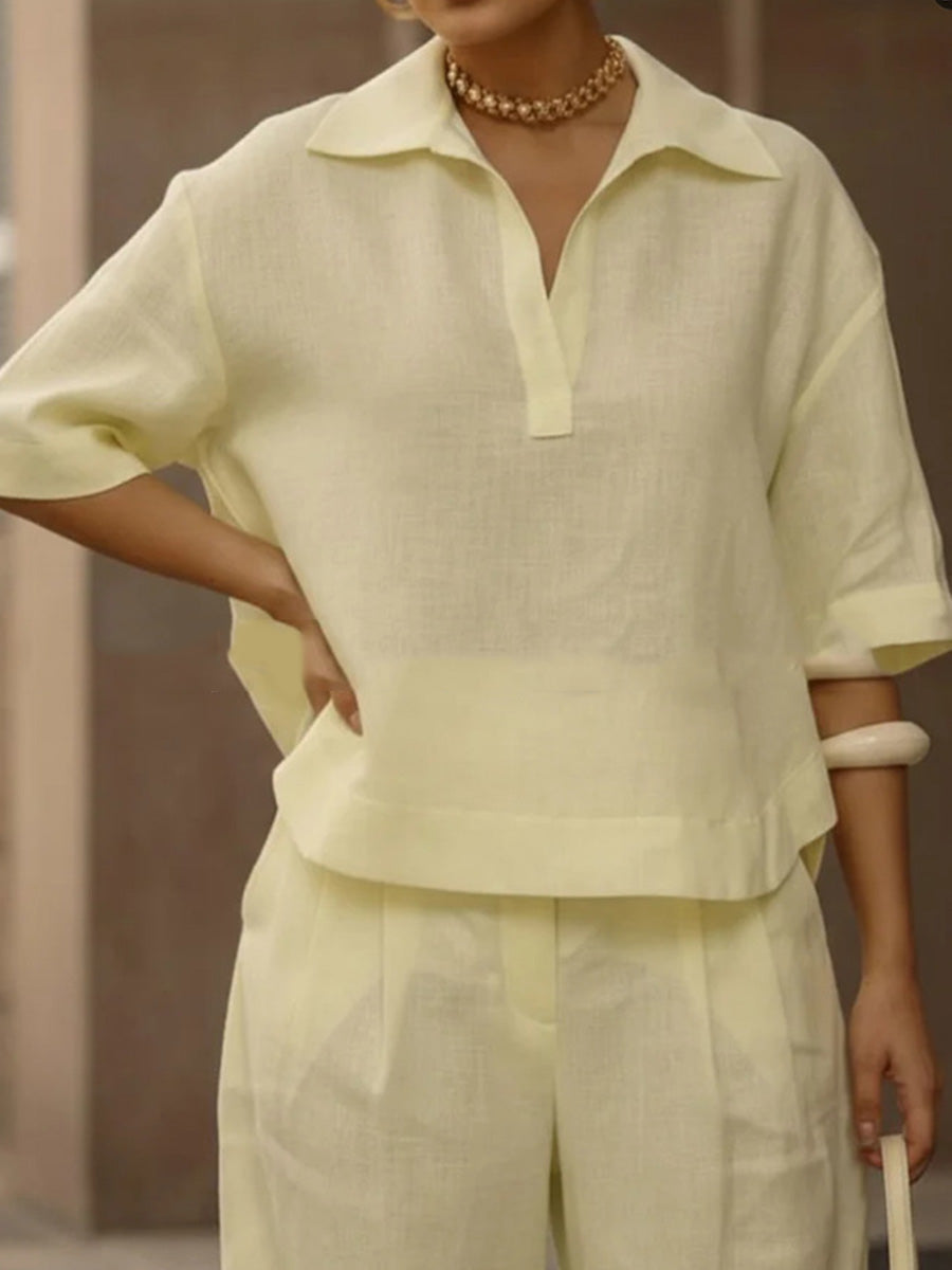 Solid Color Half Sleeves Lapel Blouses&Shirts Tops + High Waisted Pleated Trousers Pants Two Pieces Set