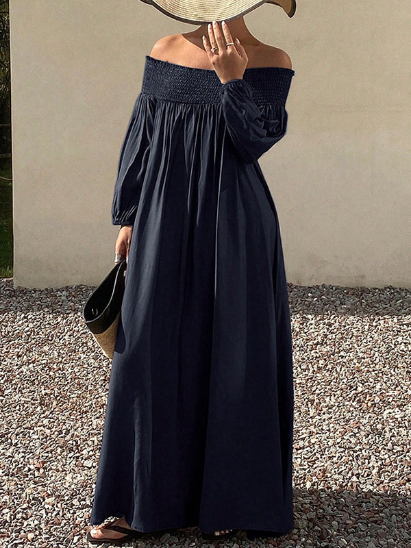 Loose Puff Sleeves Elasticity Pleated Solid Color Off-The-Shoulder Maxi Dresses