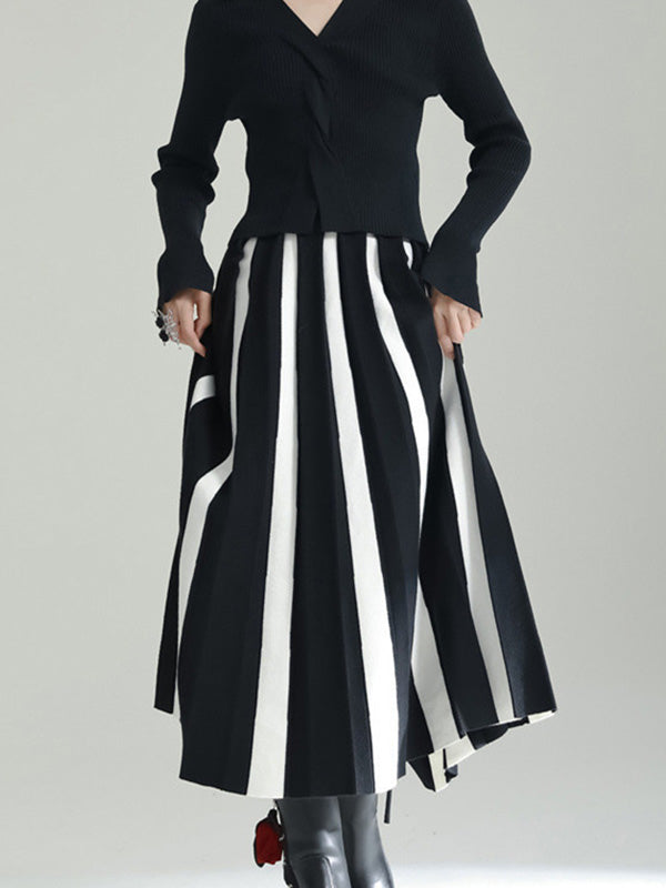 A-Line Loose Contrast Color Pleated Skirts Bottoms BLACK WHITE One_size