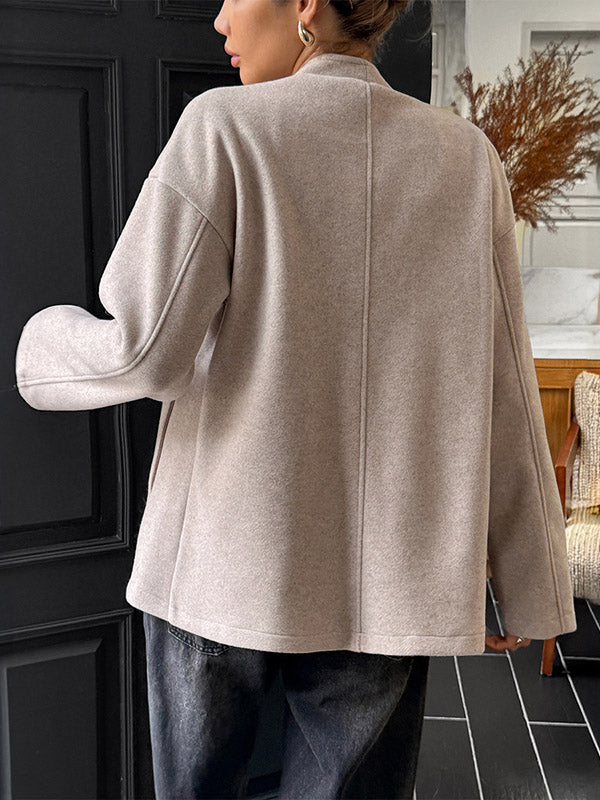 Long Sleeves Loose Solid Color Tied Collarless Jackets&Coats Outerwear