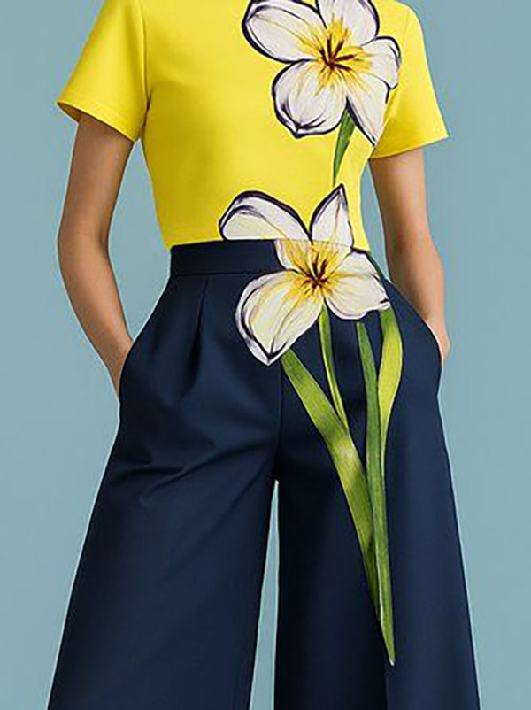 Short Sleeves Flower Print Round-Neck T-Shirts Tops