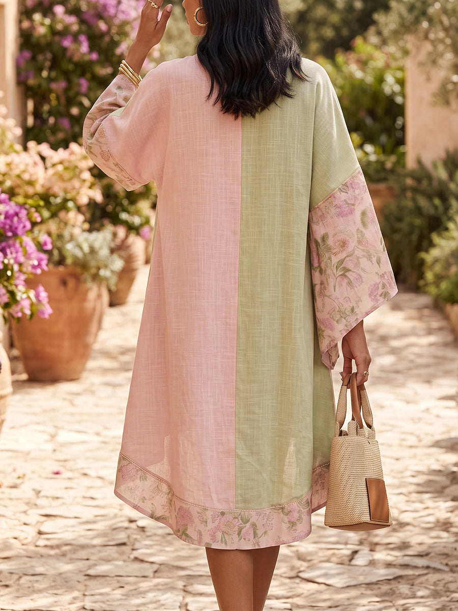 Split-Joint Flower Print Contrast Color Three-quarter Sleeves Loose V-neck Midi Dresses
