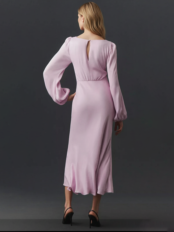 Long Sleeves Puff Sleeves Solid Color Streamer Twist V-Neck Midi Dresses