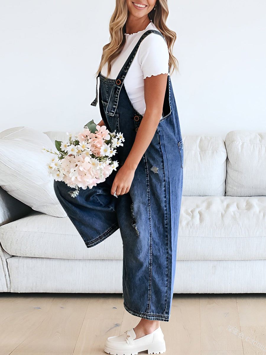 Cropped Wide Leg Buttoned Pockets Solid Color Adjustable Straps Overalls
