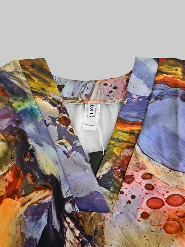 Batwing Sleeves Loose Gauze Printed Split-Joint V-Neck Maxi Dresses