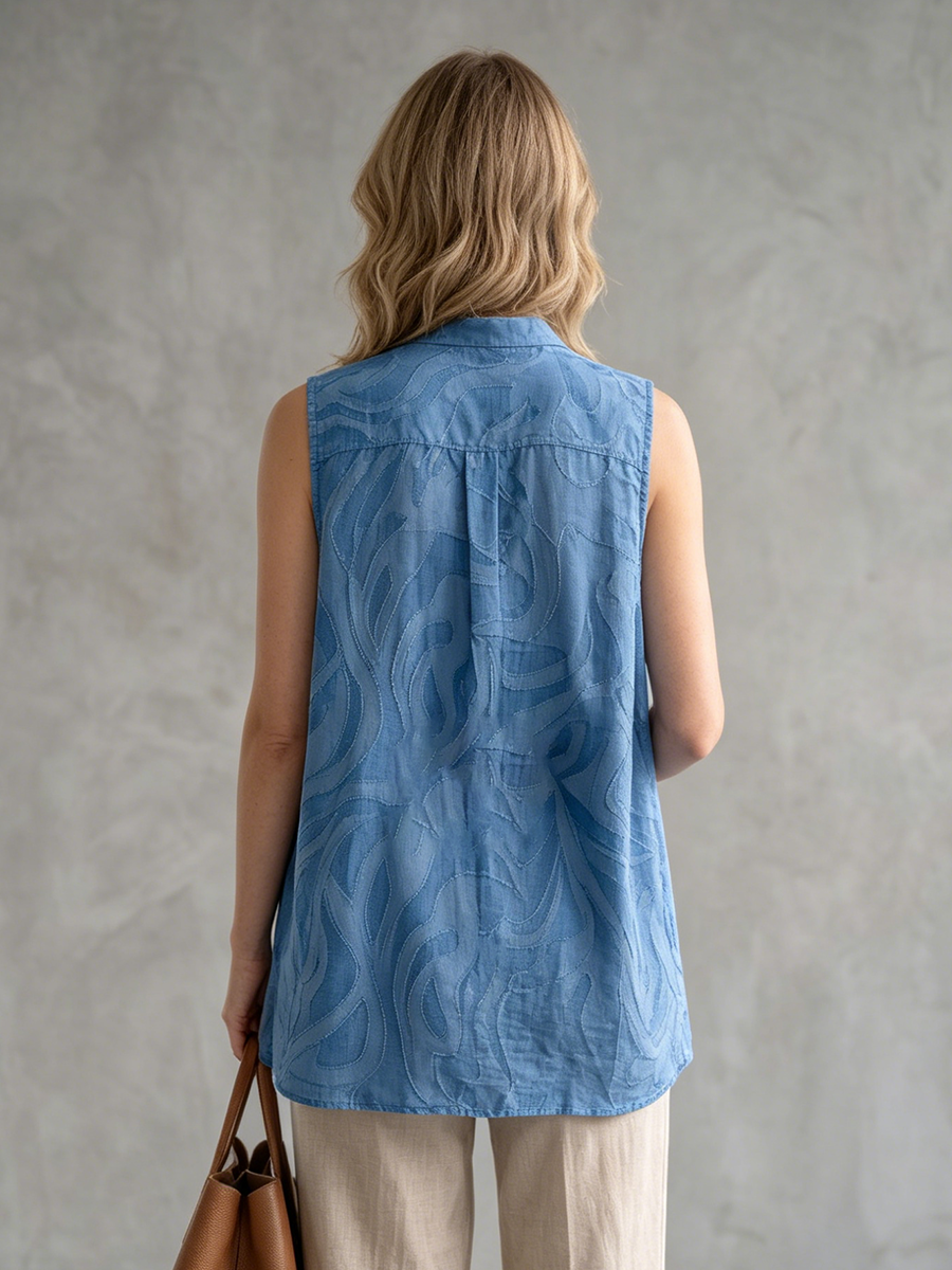 Sleeveless Buttoned Embroidered Solid Color Lapel Blouses&Shirts Tops