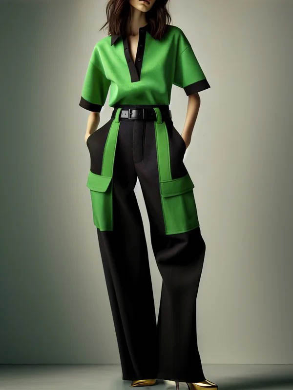 Halbe Ärmel, lockere Kontrastfarbe, keine Gürteltaschen, geteilter V-Ausschnitt, lässige Hosen