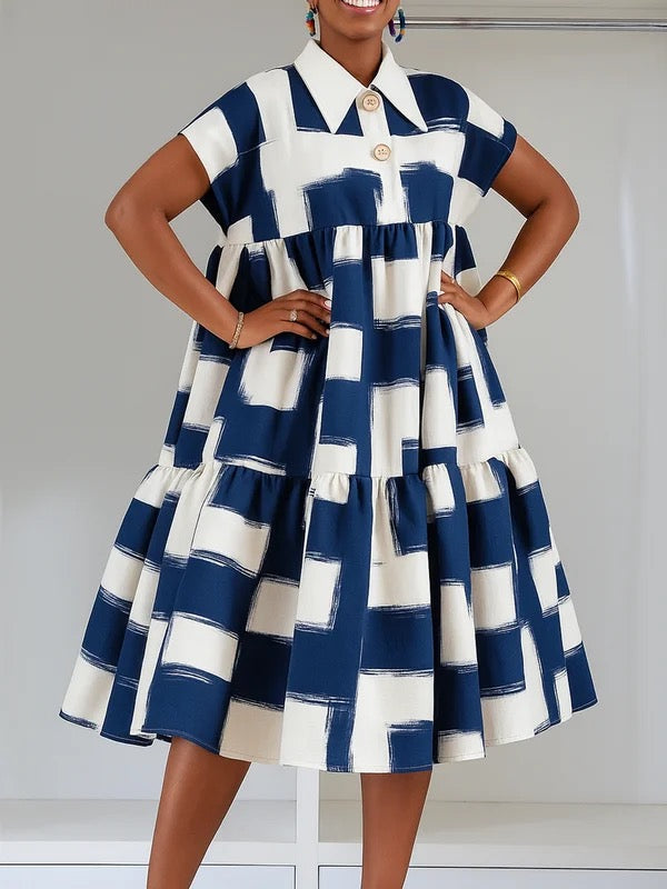 A-Line High Waisted Buttoned Contrast Color Pleated Lapel Midi Dresses