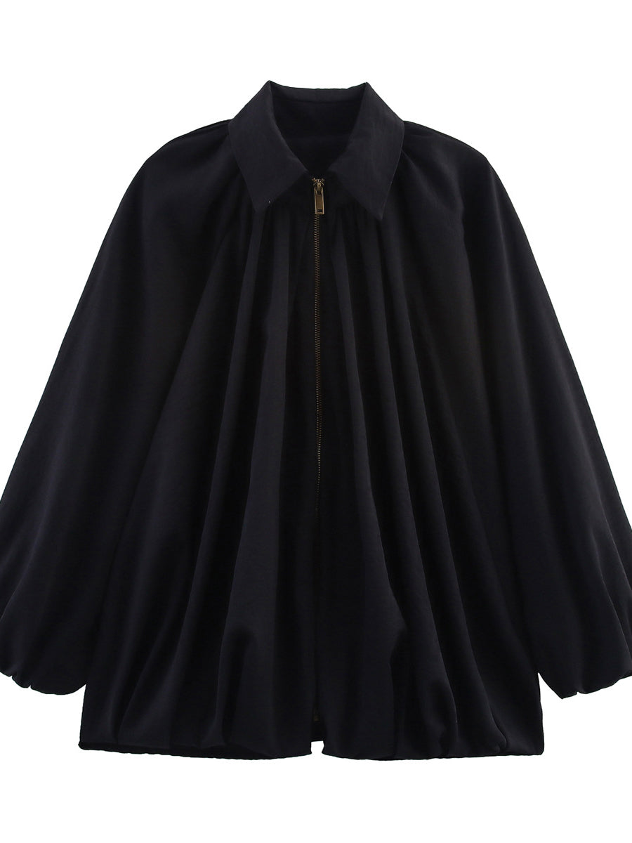 Zipper Solid Color Pleated Puff Sleeves Loose Lapel Outerwear