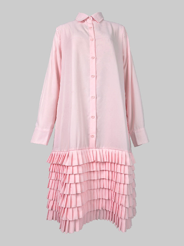 A-Line Long Sleeves Layered Pleated Pockets Solid Color Split-Joint Lapel Midi Dresses Shirt Dress