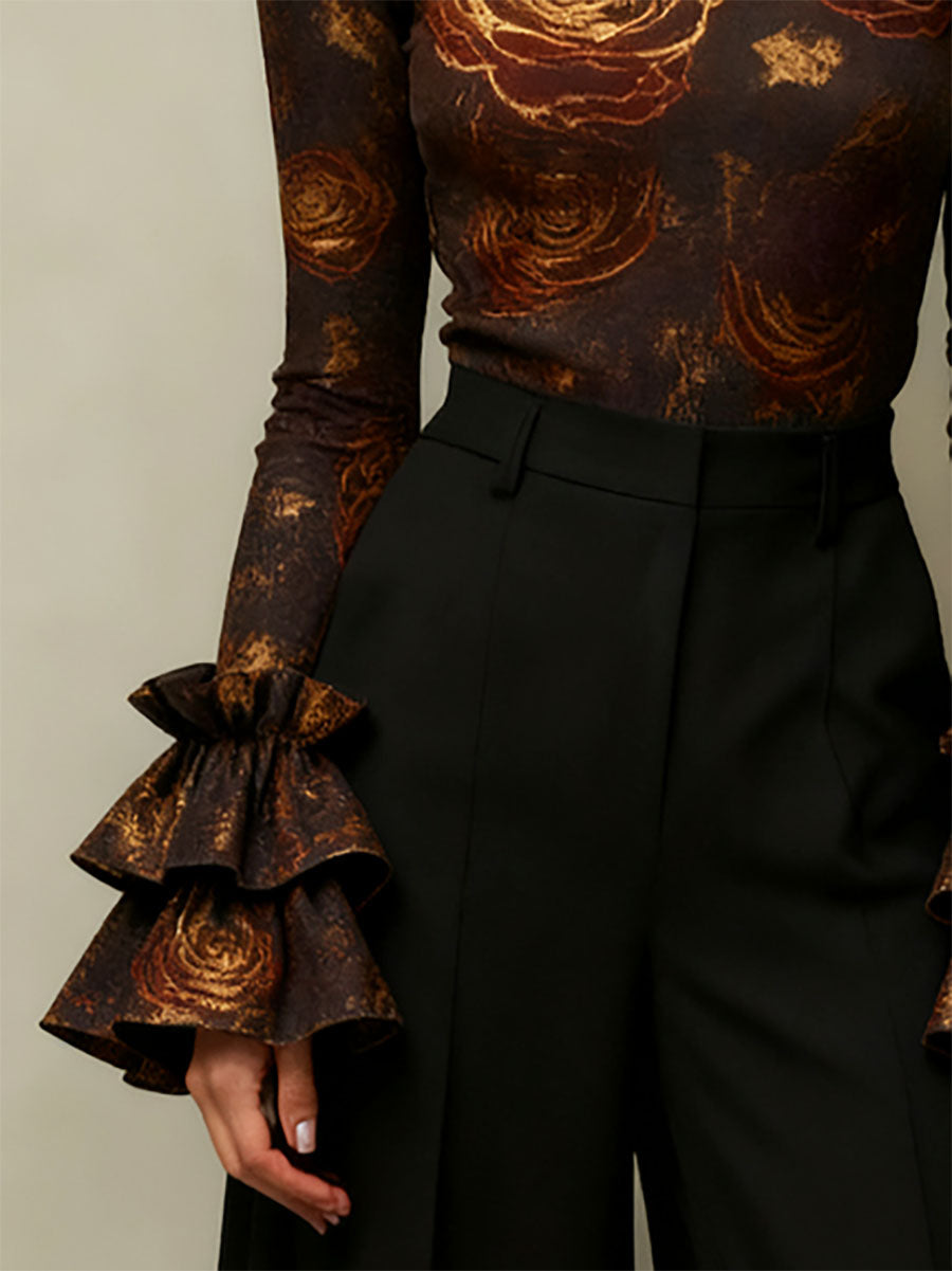 Flared Sleeves Long Sleeves Flower Print High Neck Blouses&Shirts Tops
