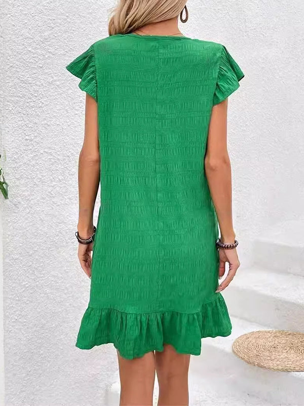 Loose Ruffle Sleeves Pleated Solid Color Split-Joint V-Neck Mini Dresses