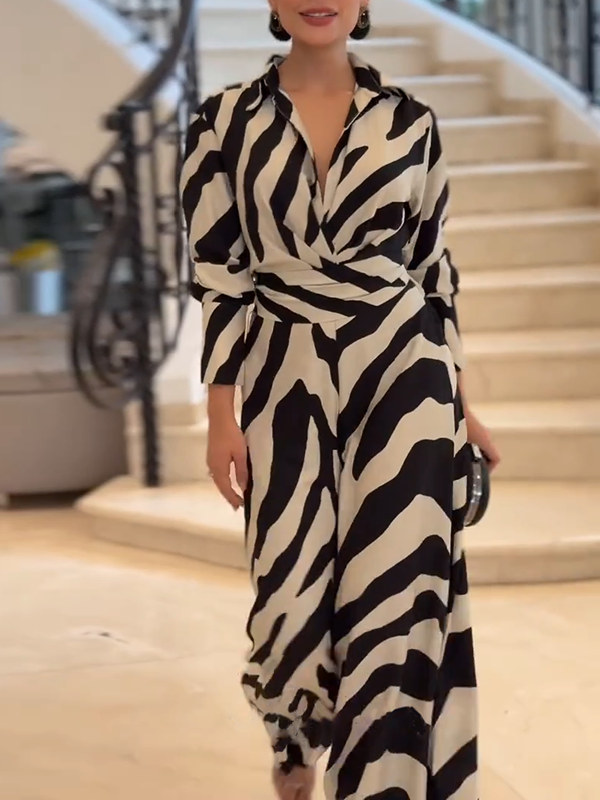 Long Sleeves Wide Leg Split-Joint Tied Waist Zebra Printed Lapel Jumpsuits