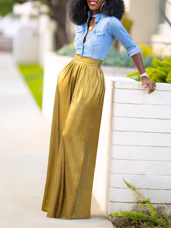 Loose Wide Leg Shiny Solid Color Casual Pants Bottoms Trousers