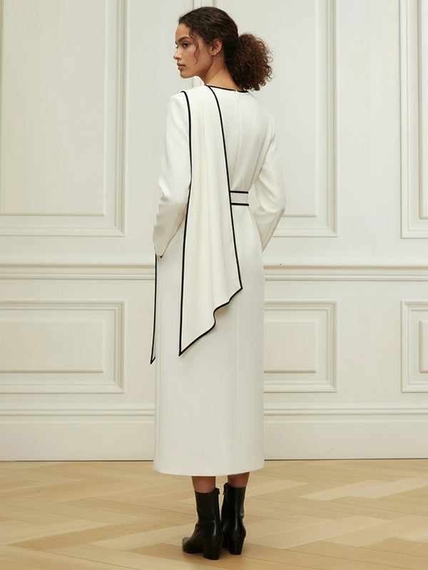 Long Sleeves Minimalist Belted Comfort Contrast Color Round-Neck Midi Dresses