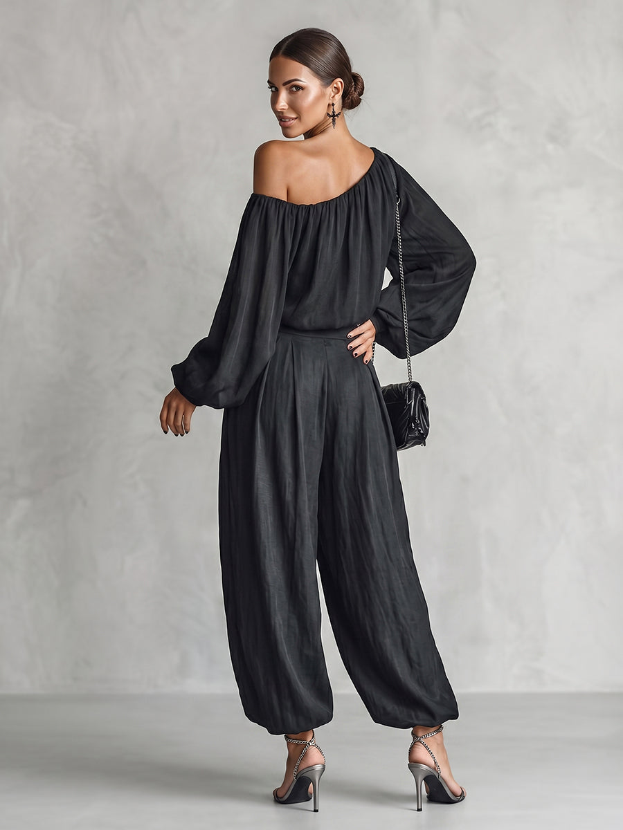 Pleated Solid Color One-Shoulder Cropped Blouses&Shirts Tops + High Waisted Pockets Pants Trousers Two Pieces Set