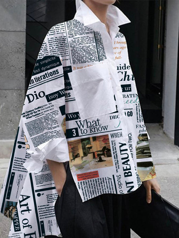 Chemisiers à manches longues, imprimés lettres, poches, revers fendus sur les côtés