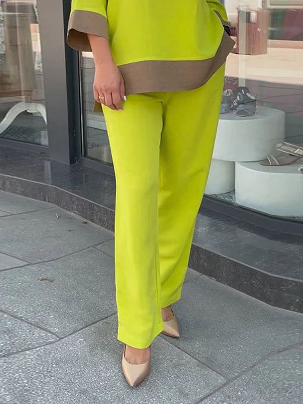 Lockeres, kontrastfarbenes Dreiviertelärmel-Set mit seitlichem Schlitz und Rundhalsausschnitt, Oberteil und Hose, zweiteiliges Set