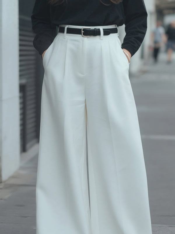 Loose Wide Leg No Belt Pockets Solid Color Pants Trousers