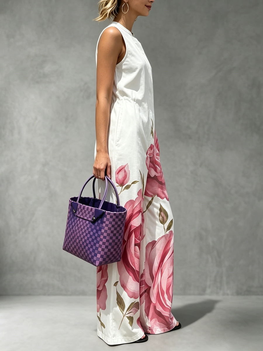 High Waisted Loose Flower Print Pleated Pockets Round-Neck Jumpsuits