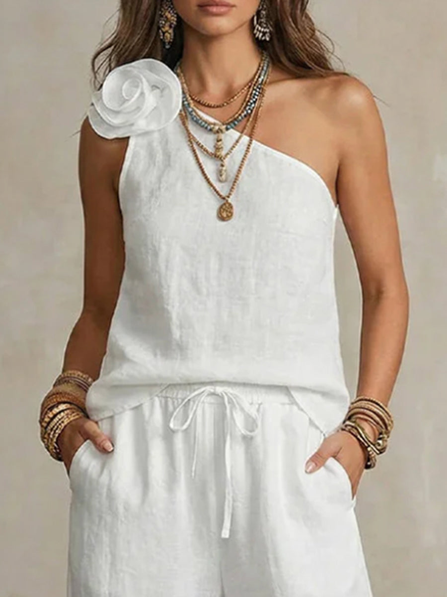 Loose Sleeveless Solid Color Three-Dimensional Flower One-Shoulder Tank Top