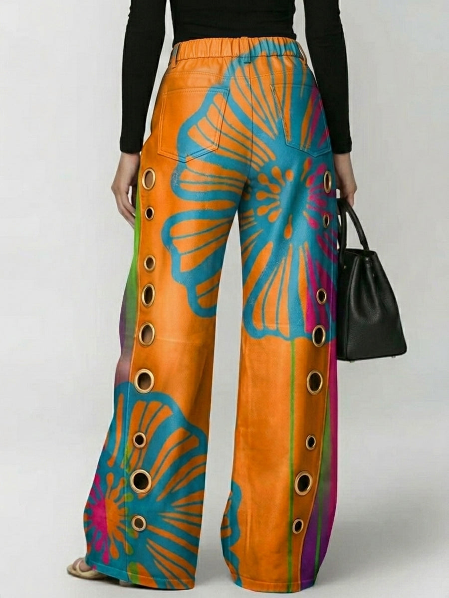 Loose Wide Leg Buttoned Contrast Color Hollow Printed Pants Trousers