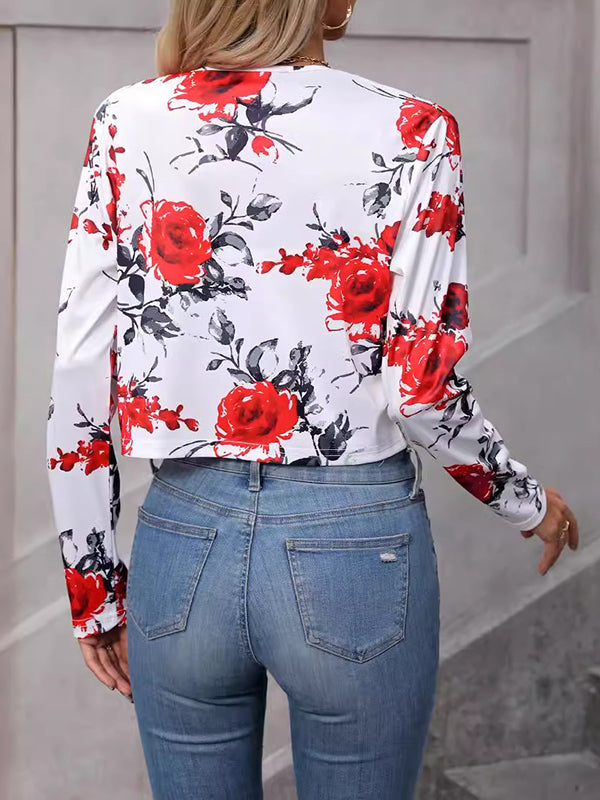 Long Sleeves Loose Buttoned Flower Print Split-Joint Round-Neck Blazer Outerwear