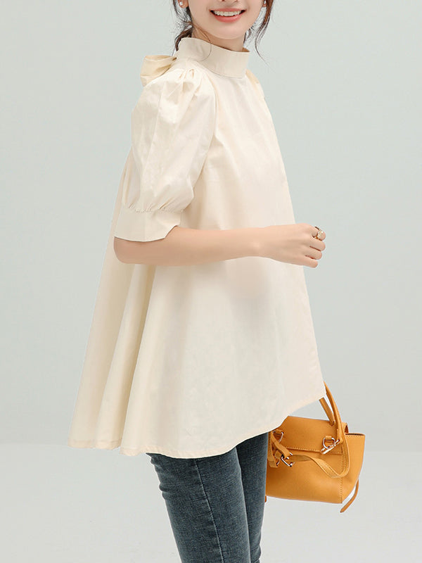Casual Loose Bow-Embellished Solid Color Blouse