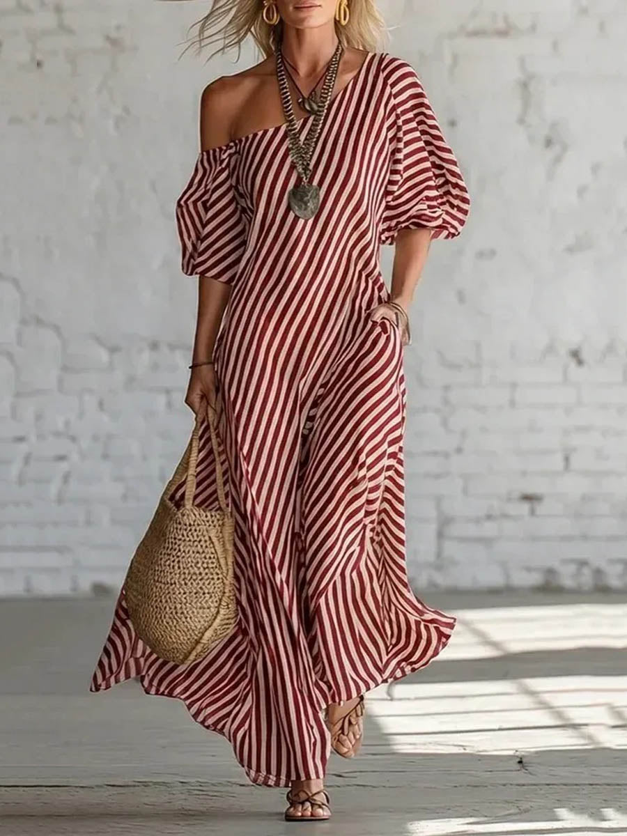 Loose Plus Size Pockets Striped One-Shoulder Maxi Dresses