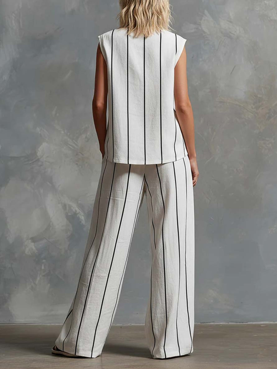 High Waisted Wide Leg Contrast Color Pockets Striped Pants Trousers