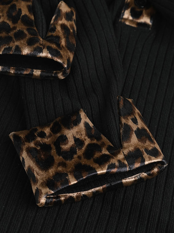 Long Sleeves Skinny Comfort Contrast Color Leopard V-Neck T-Shirts