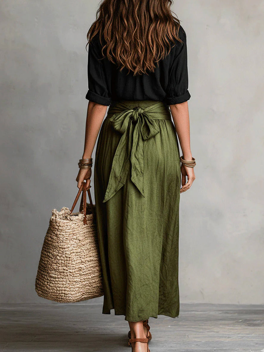 A-Line High Waisted Pleated Solid Color Tied Waist Skirts
