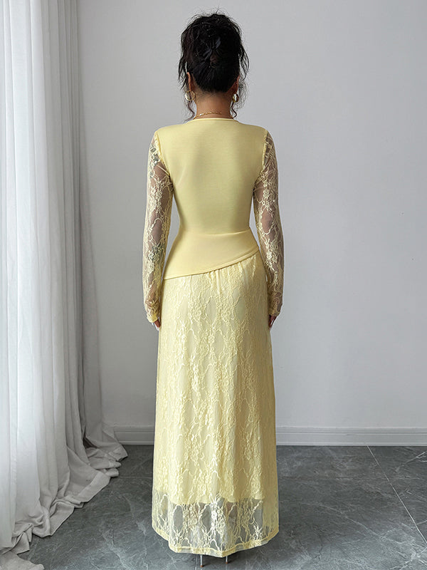 A-Line Irregularity Asymmetric Flower Print Layered See-Through Solid Color Split-Joint Round-Neck Maxi Dresses