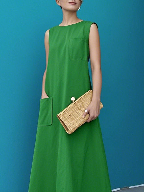 Robe longue trapèze à poches amples et col rond, couleur unie