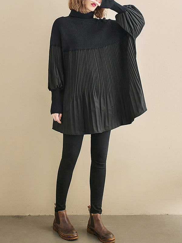 Knitting Pleats Split-Joint High-Neck Pullover Top