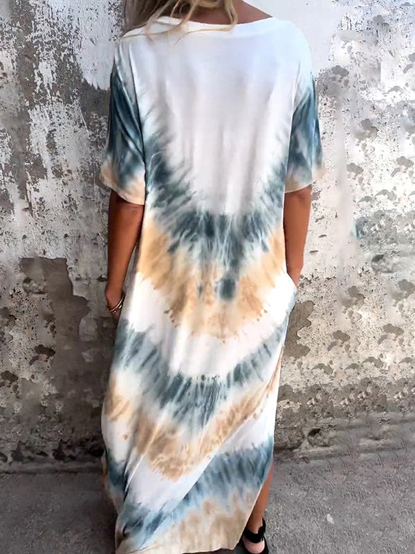 A-Line Loose Contrast Color Pockets Tie-Dyed V-Neck Maxi Dresses