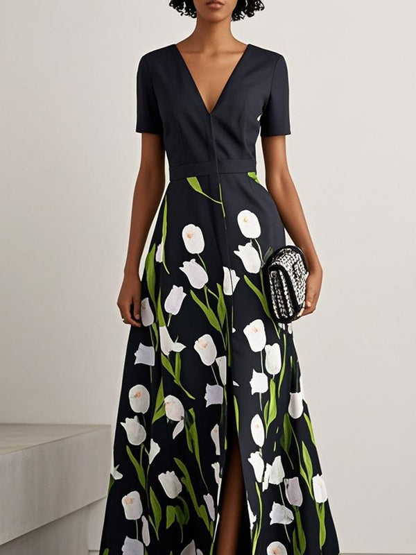 A-Line High Waisted Flower Print Split-Front V-Neck Maxi Dresses