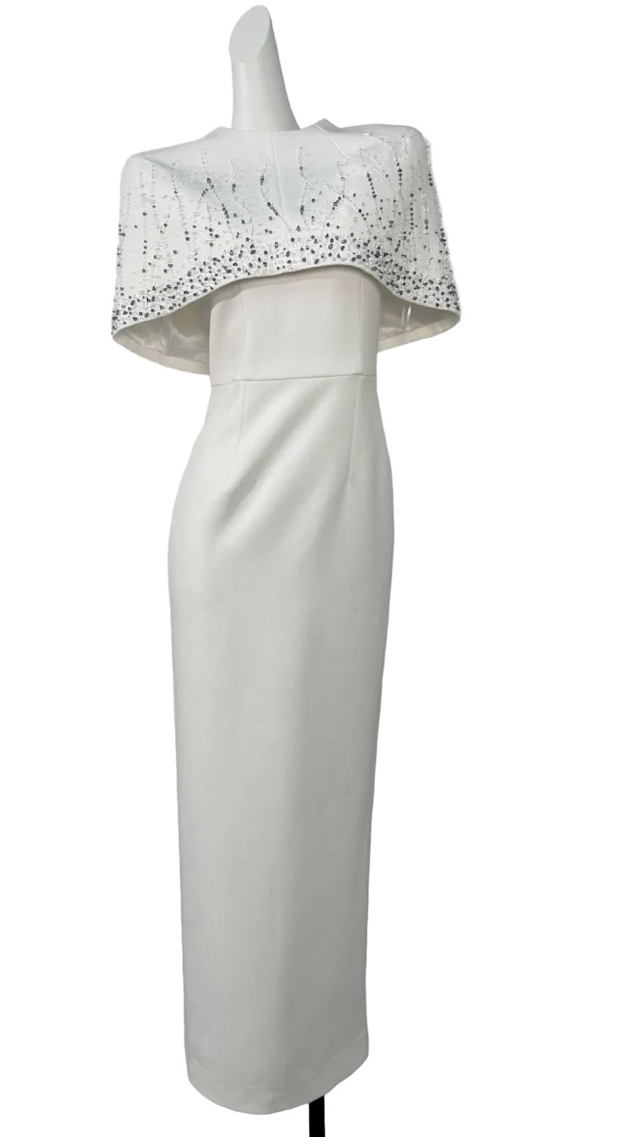MANDI Luxury White Maxi Dress with Crystal Cape Detail