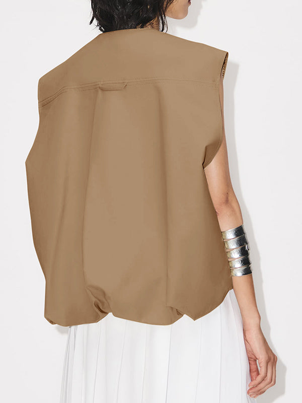 Gilet ample sans manches à poches fendues et fermeture éclair à col rond