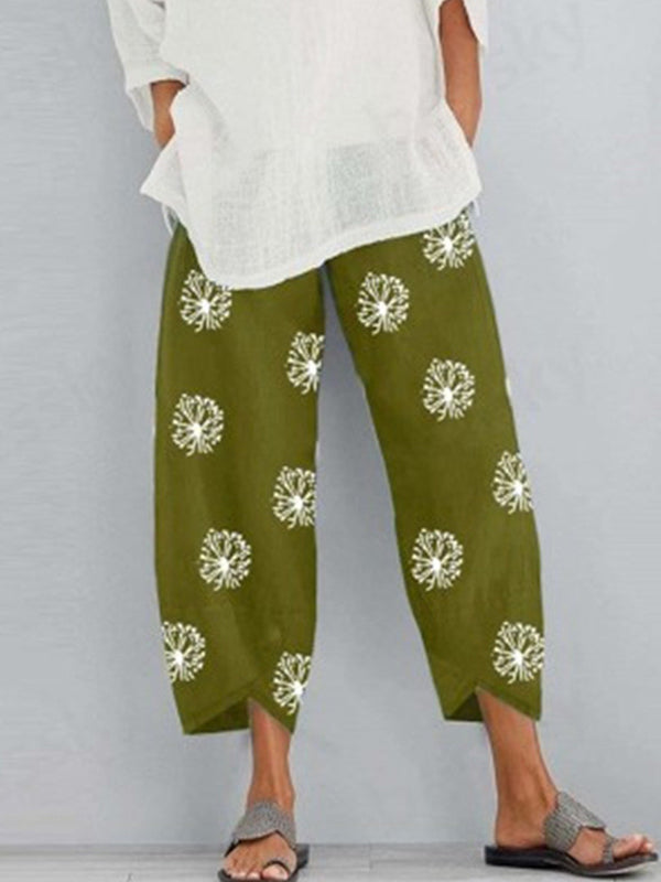 Loose Flower Print Pockets Split-Joint Pants Trousers YELLOW GREEN