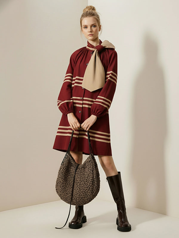 Long Sleeves Puff Sleeves Buttoned Contrast Color Plain Pleated Single-Breasted Tied Bow Collar Mini Dresses